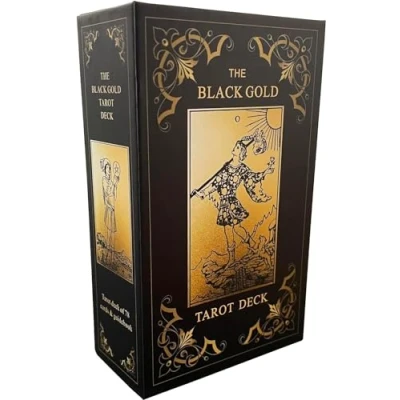 Afbeelding van Zwart Goud Tarot Kaarten Set, voor Beginners met Betekenissen op Hen, Deck Gids Boek, Vergulde Randen