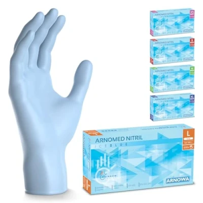 Afbeelding van ARNOMED wegwerphandschoenen lichtblauw, nitril handschoenen L, met 100 stuks per doos, poedervrij. Latexvrije rubber handschoenen, verkrijgbaar in S, M, L &amp; XL