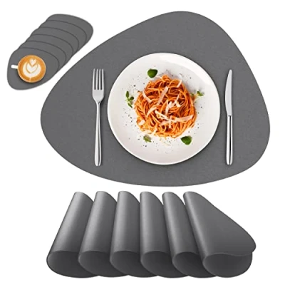 Afbeelding van Deyooxi Placemats en onderzettersets 6, PU lederen placemats, antislip warmte isolatie, wasbare tafelmatten voor keuken, binnen, buiten, eettafel, restaurant (grijs)