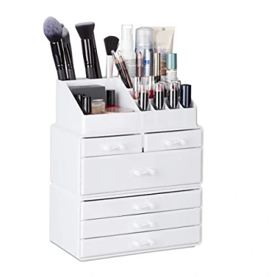 Afbeelding van Relaxdays cosmetica organizer met 6 lades, 22 vakken, make up organizer, schmink opbergbox, acryl, in het wit