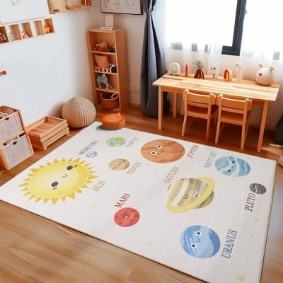 Afbeelding van Carpetsale24 kindertapijt planeetpatroon jongens en meisjes babykamertapijt kinderkamer beige tapijt 160 x 230 cm