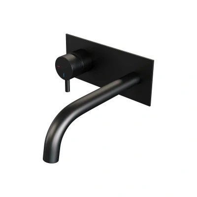 Afbeelding van Brauer Black Edition Wastafelmengkraan inbouw gebogen uitloop rechts hendel kort smal afdekplaat model B2 mat zwart