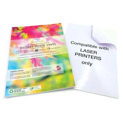 Afbeelding van 20 x A4 Vinyl Laser Printbare (niet geschikt voor Inkjet Printers) Waterdichte Vellen (PVC) Wit Glanzend Zelfklevende Kwaliteit Stickervellen