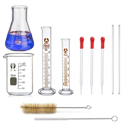 Afbeelding van JESSTOLO glazen flessen Erlenmeyer, 50 ml, conische fles, beker, 10 5 gegradueerde cilinder, 3 blikjes, 2 reinigingsborstels en roerders