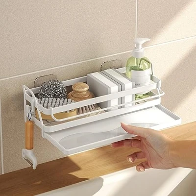 Afbeelding van HMAKGG Gootsteen, opgeruimde caddy, wandmontage, roestvrijstalen gootsteenorganizer met afneembare lekbak, handdoekenrek en haken voor sponzen, afwassen, keukenborstel, afwasvloeistof, wit