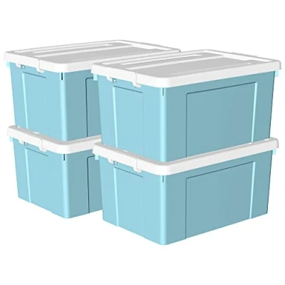 Afbeelding van Cetomo 65L x 4 opbergdozen, plastic opbergdoos met deksels, organiserende container veilige sluitgespen, stapelbaar, nestbaar, draagtas voor thuiskantoor kleding, 4Pack, blauw
