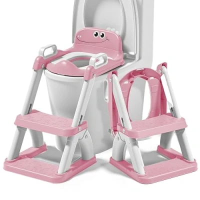 Afbeelding van Toilettrainer voor peuters met opstapje Kinder WC bril ladder Opvouwbare toiletverkleiner antislip en handgrepen Potje trapje