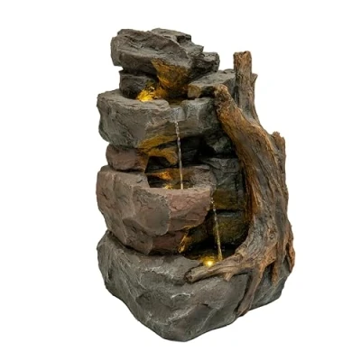 Afbeelding van Cascade Buiten Waterornament Elektrisch Tuin Fontein Polyresin Grijs x3 Warm Wit LED Verlichting Aansluiten Pomp 7m Kabel Standbeeld Waterval Huis Terras Decor Willow Springs GRATIS Schoonmaakborstel