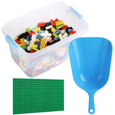 Afbeelding van Bouwblokset met schep voor opruimen, 636 stuks kleurige steenmix incl. doos en 16x32 bodemplaat, compatibel alle andere fabrikanten, meerkleurige