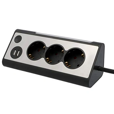 Afbeelding van UNITEC Hoekstekkerdoos, 2 USB laadaansluitingen, 3 stopcontacten, led verlichting, aanraakschakelaar, roestvrijstalen voorkant
