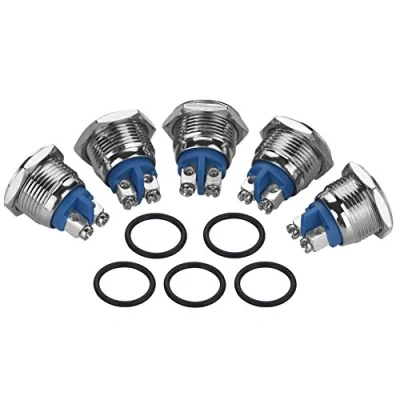 Afbeelding van 5 delig/set 16 mm drukknopschakelaar waterdicht 2 pins mini drukschakelaar zelfvergrendelend metaal (platte kop)