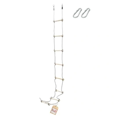 Afbeelding van h2i Gebreide ladder voor kinderen, klimladder met 8 houten spijlen, hangladder van hout, touwladder incl. karabijnhaak, outdoor klimspeelgoed, hoogte 290 cm