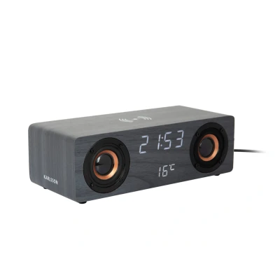 Afbeelding van Karlsson Wekker Classic Met Blue Tooth Speakers En Telefoonoplader Zwart Hout 25x10,2x8cm Nice thingZ alarmklok