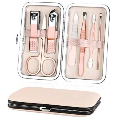 Afbeelding van URAQT Professionele Manicureset, 7 Delige Draagbare Nagelknipper &amp; Wenkbrauwverzorgingsset, Roestvrijstalen Nagelverzorgingstools Met Luxe Lederen Etui Voor Op Reis En Thuis
