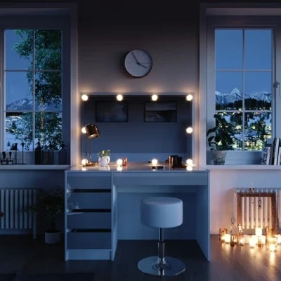 Afbeelding van Vicco Make uptafel set met kruk &quot;Sherry&quot;, Wit, 120 cm LED verlichting en