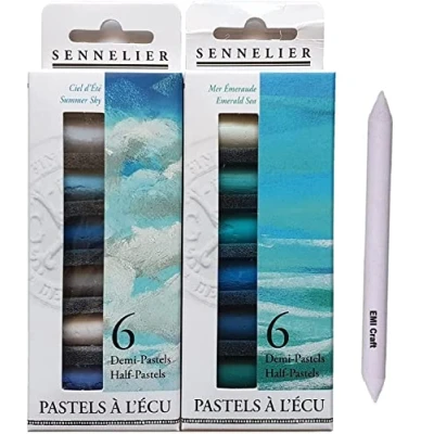 Afbeelding van Sennelier Set droge pastelkleuren, 12 halve zachte pastels, zee en hemel + 1 stomp