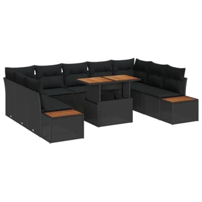 Afbeelding van vidaXL 10 delige tuinset met kussens zwart poly rattan en acacia