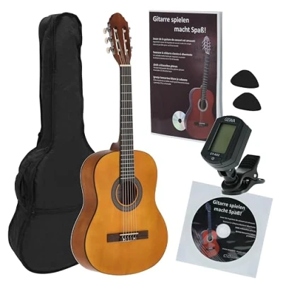 Afbeelding van Navarrez NV13PK klassieke gitaar starterset 3/4 bruin incl. Gig Bag, plectrums, leerboek en cd, clip tuner
