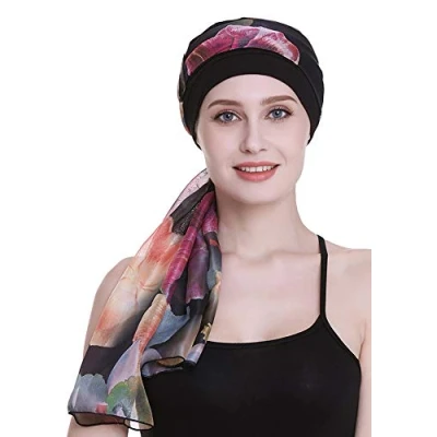 Afbeelding van Elegante chemo muts met zijden sjaals voor vrouwen , slaapmutsen haarverlies, Zwart, one size
