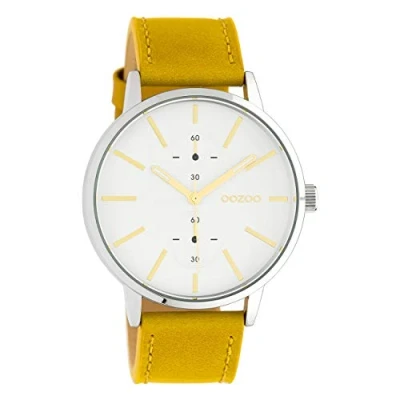 Afbeelding van Oozoo Unisex horloge Chrono Look met lederen band 42 MM Zilverkleuren/mosterdgeel C10585, zilver zilver, Riem