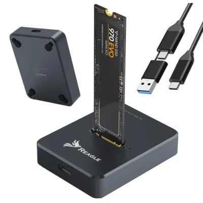 Afbeelding van Reagle Externe M.2 NVMe &amp; SATA SSD adapterbehuizing USB C 10 Gbps SuperSpeed, compatibel met 2230/2242/2260/2280, installatie zonder gereedschap, aluminium koeling, plug play, zwart
