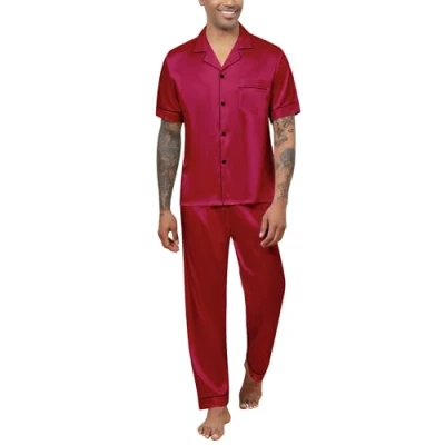 Afbeelding van Reliwel Pyjama Heren Satijnen Korte Top met Knoopsluiting en Lange Broek Tweedelige Nachtkleding Mannen Huispak Sleepwear Loungewear, wijnrood, M