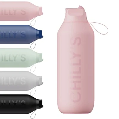 Afbeelding van Chilly&#039;s Series 2 Flip fles met sport deksel, telescopisch rietje en nylon draaglus Gemakkelijke inclusief reinigingsborstel 500ml Blush Pink