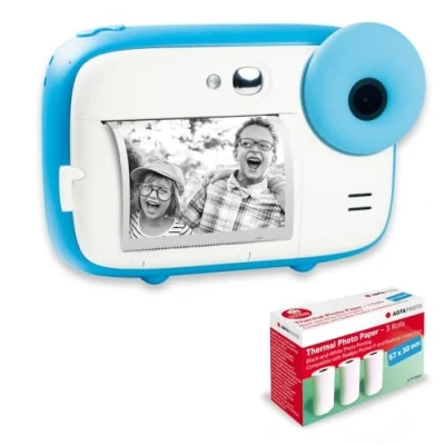Afbeelding van AGFA photo Pack Realikids Instant Cam + 3 rouleaux Papier Thermique ATP3WH supplémentaires Appareil Instantané Enfant, Ecran LCD 2,4&#039;, Batterie Lithium, Miroir Selfie et filtre Bleu