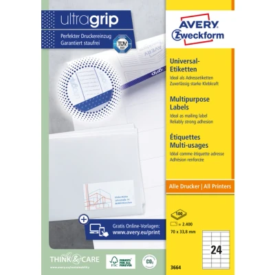 Afbeelding van Etiket Avery Zweckform 3664 70x33.8mm wit 2400stuks