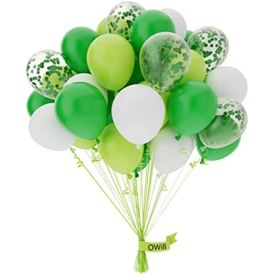 Afbeelding van Ballonnen groene witte confetti, 50 stuks, 25 cm, jungle ballonnen, verjaardag, decoratie, bruiloft, feestdecoratie, verjaardag jongens
