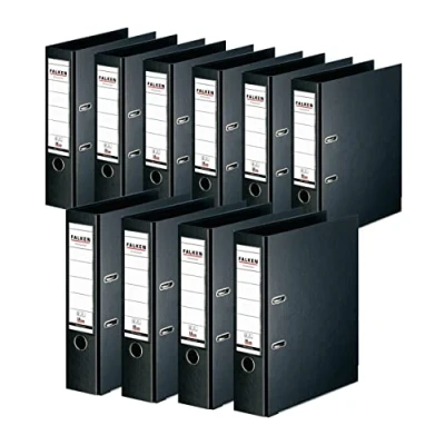 Afbeelding van FALKEN 10 stuks Chromocolor Premium Ordners. Gemaakt in Duitsland. kunststof kaft buiten en binnen 8 cm breed DIN A4 zwart ringband dossiermap briefomslag kantoormap map
