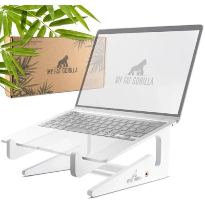 Afbeelding van MY FAT GORILLA laptopstandaard van bamboe, ergonomische universele houder voor notebook verhoging, compatibel met 10 15 inch, laptophouder, bureau, verticale (wit)