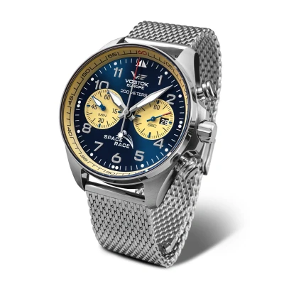 Afbeelding van Vostok Europe Space Race herenhorloge chronograaf met Milanese band 20 ATM datum, zilverkleurig/blauw, armband
