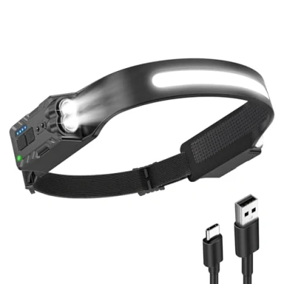Afbeelding van Diboniur Hoofdlamp, 340 graden groothoek, hoofdlamp met bewegingssensor, oplaadbare led zaklamp 8 verlichtingsmodi, IPX4 waterdicht, voor kamperen, hardlopen