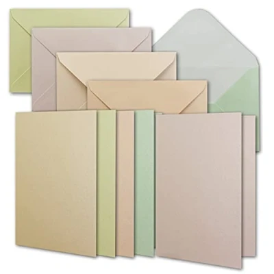 Afbeelding van NEUSER PAPIER Set van 100 parelmoer inclusief enveloppen, blanco kaartenset, DIN A6 uitnodigingskaarten in 5 verschillende pastelkleuren, 10,5 x 14,8 cm