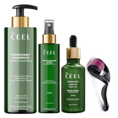 Afbeelding van Super Haarverzorgingsset Rozemarijn haarolie + haarwater Rozemarijnshampoo Dermaroller Voordeelset met 4 producten Maximaal effect tegen haaruitval, dunner wordend haar en voor sterkere haargroei