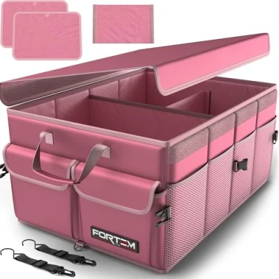 Afbeelding van FORTEM Auto Organizer, Kofferbak Achterbak Opvouwbare Organizer met Compartimenten, Antislip Bodem, Verstelbare Bevestigingsriempjes, Zacht Deksel (Roze, Standard)