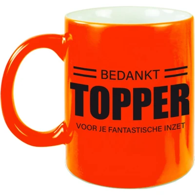 Afbeelding van Cadeau mok / beker neon oranje bedankt topper voor je fantastische inzet werknemer/ afscheid collega/ pensioen