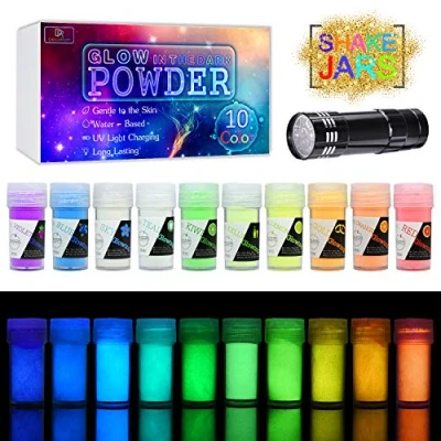 Afbeelding van 10 kleuren Glow In The Dark Pigment Poeder met UV lamp Epoxyhars Lichtgevend Huidveilige Langdurige Zelfgloeiende Kleurstof voor DIY Nail Art, Acrylverf, Fine 20g Elk (Totaal 7 oz)