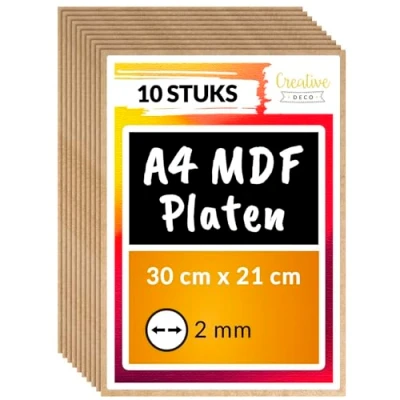 Afbeelding van Creative Deco 10 x A4 MDF Plaat 300 210 2 mm Perfect voor Lasersnijden, CNC Frezen, Modelleren, Freeswerk, Figuurzagen