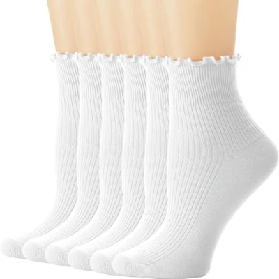 Afbeelding van DRESHOW 6 Paar Vrouwen Ruffle Frilly Sokken Mooie Ruches Trim Enkel voor Casual Enkelsokken Katoenen Crew Knit