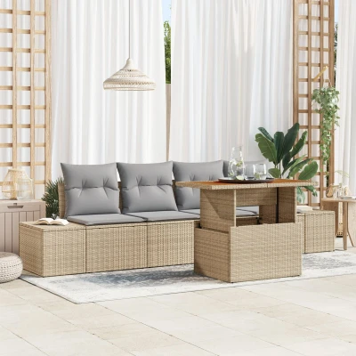 Afbeelding van vidaXL Tuin Sofa Set van 5 Beige Rattan Eetset Rechthoekig
