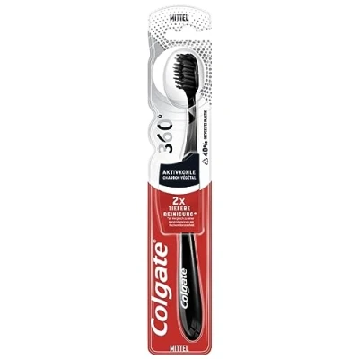 Afbeelding van Colgate Tandenborstel 360 actieve kool, 1 stuk met middelharde borstelharen en kool voor een grondige tandreiniging geïntegreerde wang tongreiniger