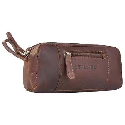 Afbeelding van STILORD &#039;Ted&#039; Etui Klein Leer ideaal als Pennenzak Vintage Brillendoos Werk Accessoire Pencil Make Up Tasje Echt Leer, Kleur:cognac donkerbruin