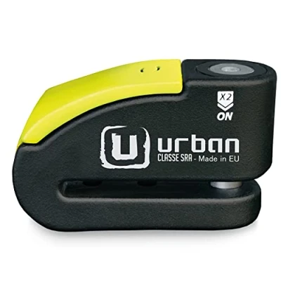 Afbeelding van Urban Security 999 Diefstalbeveiligingsschijf met alarmfunctie, 120 dba + waarschuwing, hoge veiligheid, klasse vrouw, as 14 mm, made in EU, zwart/geel
