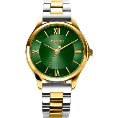 Afbeelding van ZINZI Classy Mini horloge 30mm groene wijzerplaat goudkleurige stalen kast en bicolor band ziw1235
