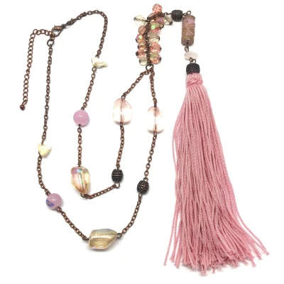 Afbeelding van Behave ketting lange brons kleur roze met kwast hanger 63 cm