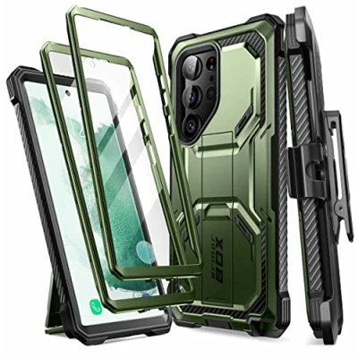 Afbeelding van i Blason Armorbox Hoesje voor Samsung Galaxy S23 Ultra 5G (release 2023), [Extra voorframe] Full Body Robuuste Kickstand Holster Beschermende Bumper Case met ingebouwde Screen Protector (Guldan)