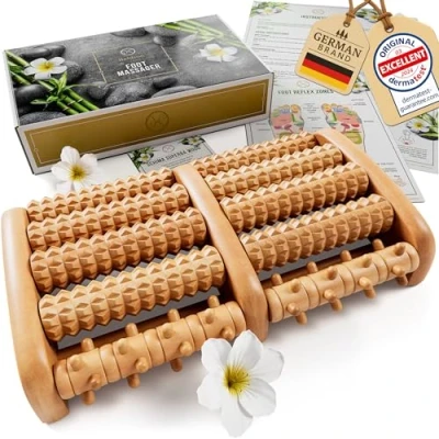 Afbeelding van HELDSON® Premium voetmassageroller hout incl. Duitse handleiding en kaart voor voetreflexzonemassage voetmassage voetroller massage hielspoor plantaire fasciitis