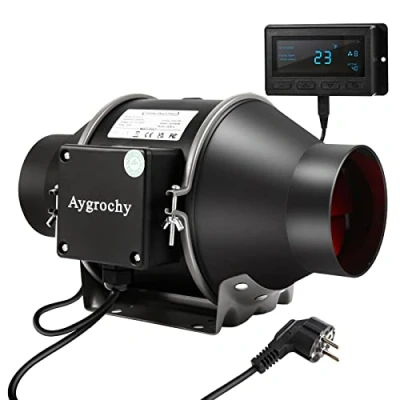 Afbeelding van Aygrochy 100 mm Buisventilator kanaalventilator, uitlaatventilator met temperatuur en vochtregelaar, afvoerventilator voor boosters, groeitenten, ventilatie afvoerventilator.